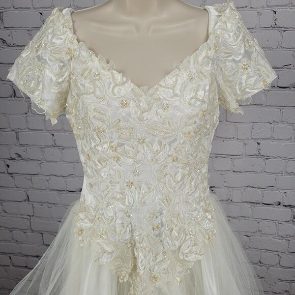 VTG Bonny Ivory Lace Beaded Embroidered Bodice Tulle Skirt Wedding Gown Dress 10 - Picture 6 of 16